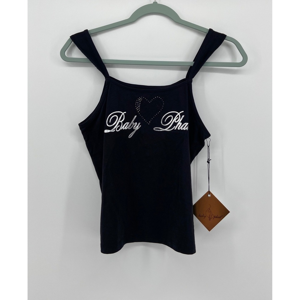Baby Phat Womens Black Cami Tank Top Silver Logo Rhinestone Heart BP-3473 Large